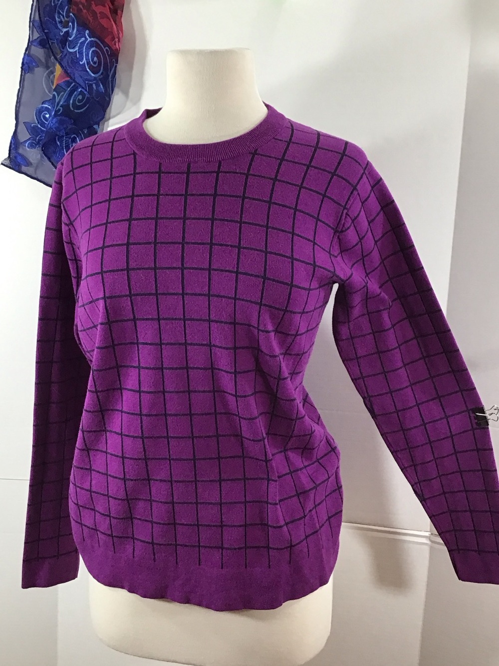 Peter Millar Purple Crewneck cotton Sweater with Black navy Grid pattern L
